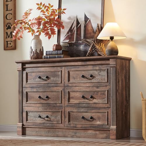 Image of Aitjunz Farmhouse 6 Drawer Dressers for Bedroom, 47'' Wide Dresser & Chests of Drawers w /Roman Columns, Horizontal Wooden TV Stand Dresser w /Metal Handle for Bedroom, Hallway, Living room, Light Brown