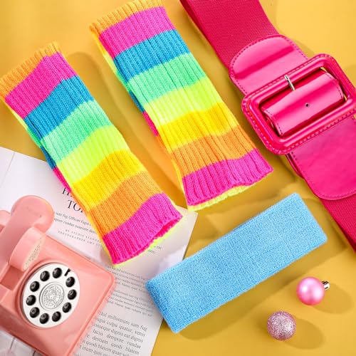 Women Girls 80s Workout Costume Set Rainbow Leg Warmers Pink Belt Blue Sweatband Neon Outfit Accessories for Halloween3