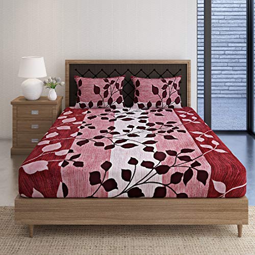 Image of Swayam Pure Cotton Double Bedsheet with 2 Pillow Covers | Size 90 x 100 inch | 160 TC | Leaf Design | Soft Breathable Bed Sheet | Comfortable & Durable for Bedroom - Red