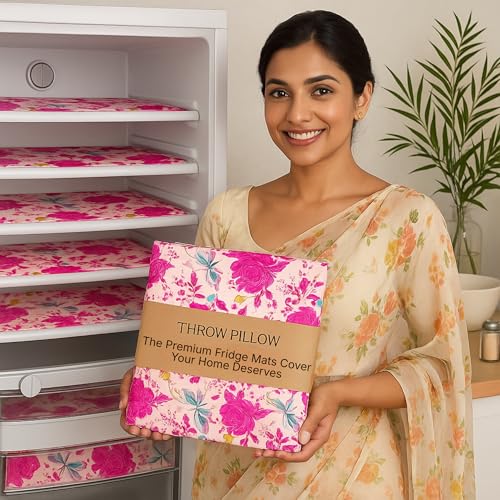 Image of WWW.THROWPILLOW.IN 450+L Double Door Floral Fridge Tray Mats Set of 12 Fabric Liners Refrigerator Main Trays, Veg Drawer & Bottle Racks |Non-Plastic, Machine Washable, Durable & Scratch-Resistant