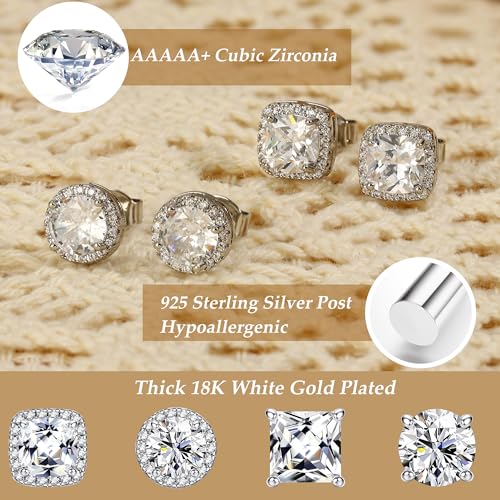 Hypoallergenic Stud Earrings for Women Men - 925 Sterling Silver Earrings for Sensitive Ears - 6/8/10mm Cubic Zirconia Earrings Studs-18K Gold Plated Simulated Diamond CZ Halo Earrings 2/4Pairs3