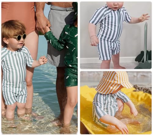 Image of Girls One Piece Swimsuit Zipper Long Sleeve Rash Guard Green Striped Sunsuit Seersucker Bathing Suit with Ruffle Butt