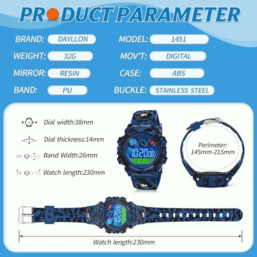 Dayllon Kids Digital Watch,Boys Digital Outdoor Sport Waterproof Watch,with Calendar 12/24H Alarm 7 Colorful Backlight Stopwatch Wristwatch for 3-15 Years Old4