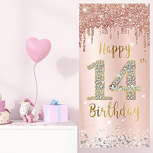 Image of 14th Birthday Door Banner Decorations for Girls, Pink Rose Gold Happy 14th Birthday Door Cover Backdrop Party Supplies, Large 14 Year Old Birthday Poster Sign Decor