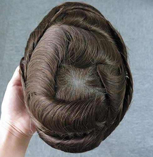 Super Natural Mens Hair Replacement System Real Gents Human Hairpieces Ultra Thin Poly Skin V Looped Mens Toupee Brown Hair #5