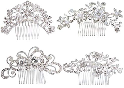 ANBALA 4 Pack Bridal Wedding Hair Comb Bridal Hair Clip Crystal Rhinestones Pearls Women Wedding Hair Comb Wedding Decoration Headpiece for Brides Silver