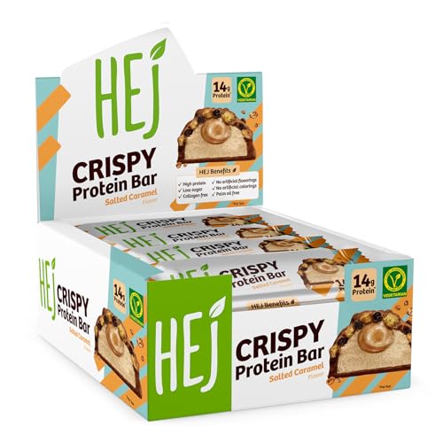 HEJ Crispy Protein-Riegel - Zuckerarmer High-Protein-Snack - Mit 14g Eiweiß - Vegetarisch - Ohne Künstliche Aromen & Sucralose - Salted Caramel 12 x 45g