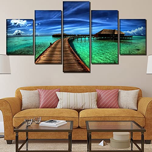 jjshily Photo murale Décoration intérieure Toile Peinture Mur Art Imprimer 5 Panneaux Maldives Île Océan Indien Lune de miel Peinture Photos Imprimer