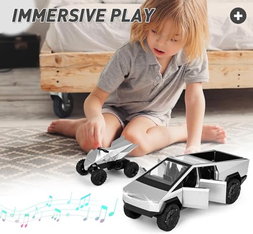 Image of 1:32 Tesla CyberTruck - Silver Alloy Diecast Pullback Metal Car Toy with Sound Light & Opening Doors - Best Gift Toy for Kids