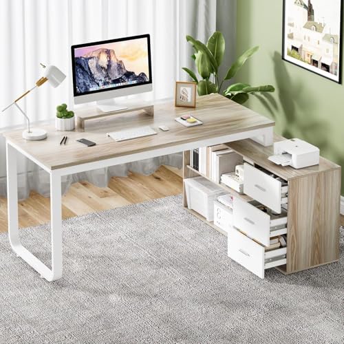MaverickFurni 55' L Shaped Desk with Drawers and Shelves, Home Office Desk with Monitor Stand for...