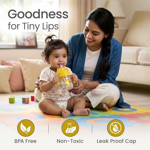 Image of LuvLap Joy Anti Spill Sipper for Kids with Twin Easy-Grip Handles, 270 ml, Sippy Cups with Soft Silicone Straw, Training Cup for Kids,Water Bottle, Non-Toxic & BPA Free, 1 Year+ (Yellow)