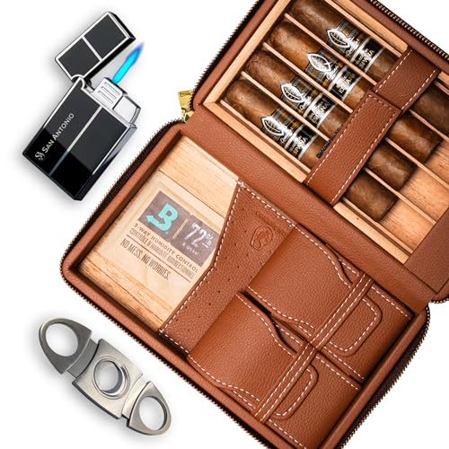 San Antonio Leather Cigar Case - Travel Humidor With Lighter & Cu...