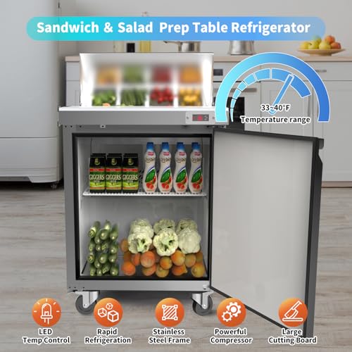 Image of 29 inch W Sandwich Salad Prep Table Refrigerator Commercial Refrigerator with 8 Pans Stainless Steel Fan Cooling Kitchen Equipment