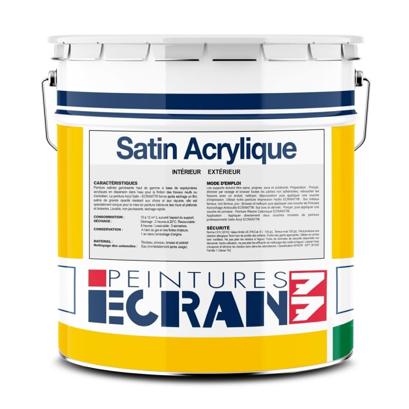 Peinture professionnelle satin, mur, plafond, boiserie, intérieur, peinture opacifiante, sans odeur, Satin Acrylique ECRAN 77 15 litres