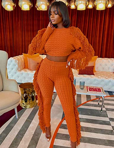 Image of KANSOON 2 Piece Sweater Set for Women Cable Knit Fringe Crop Top and Pants | Cozy feel, ribbed high waist, comfortable stretch fit for birthday and chilly going-out outfits
