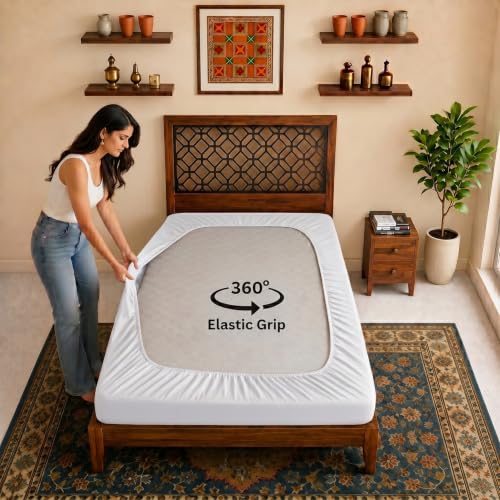 Image of Lithara Terry Cotton Fitted Mattress Protector for Single Bed | Waterproof & Elastic Band | Ultra Soft & Hypoallergenic Mattress Cover | Size : 36 x 72 Inches (3 x 6 Feet) | (Pearl White)