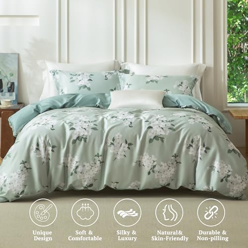 MILDLY Cal King Size Duvet Cover Set 100% Long-Staple Cotton Luxury Sage Green Floral Patten Reversible Comforter Cover Set 3Pcs