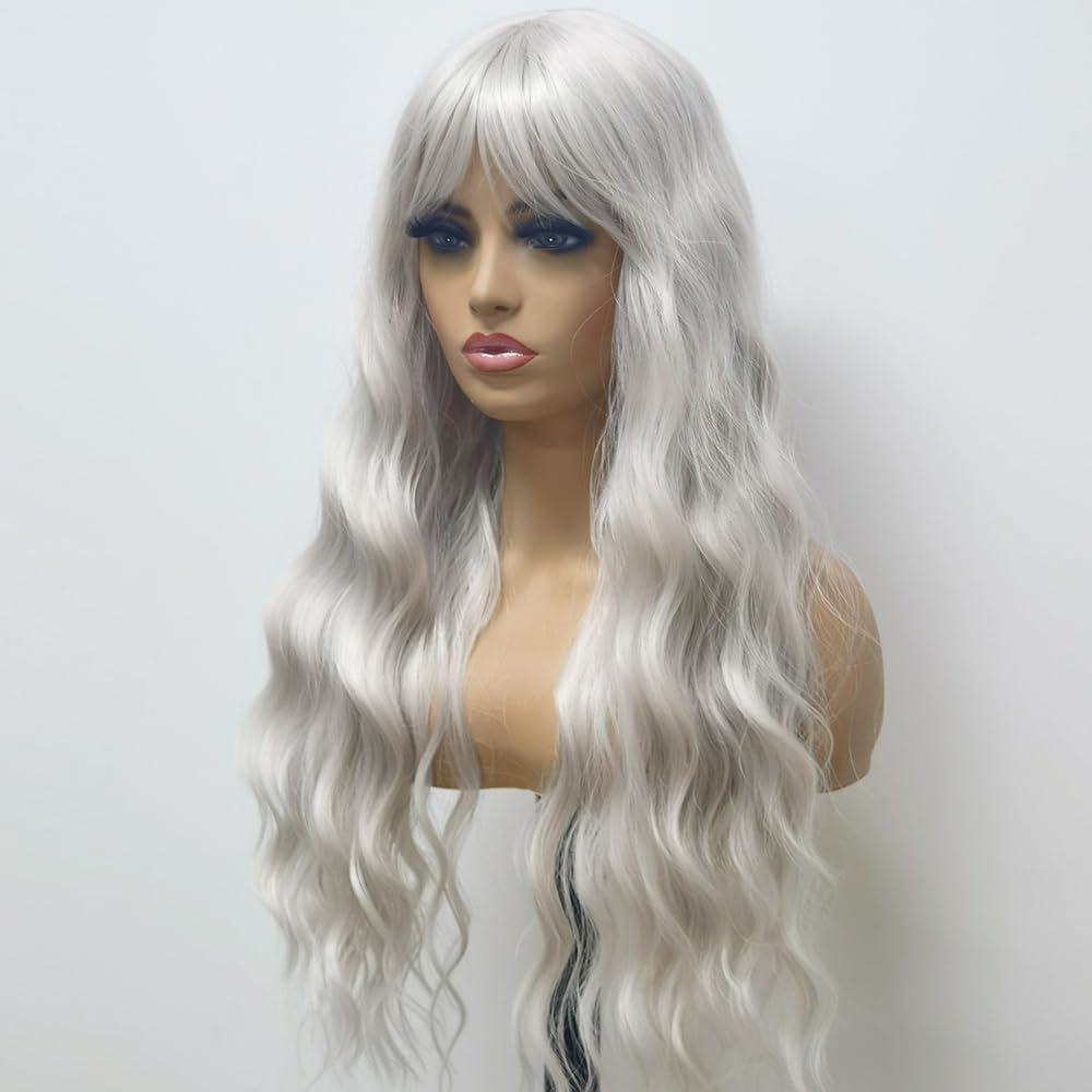 GREY WHITE BLONDE long straight wavy Wig w/ bangs Amazon.com : ANDRIA Platinum Blonde Wig with Bangs White  main image 4