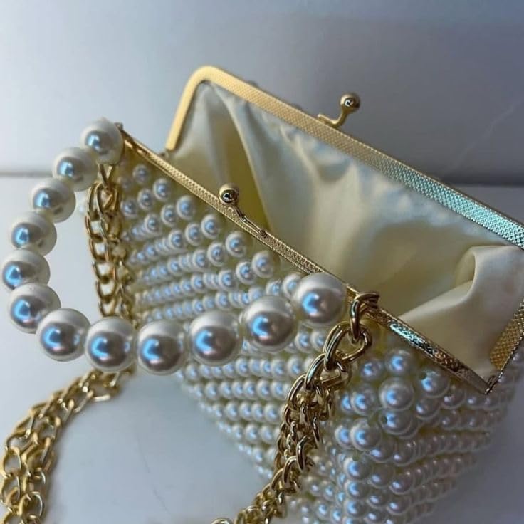 Royal Pearl Luxury Handbag, Elegant Pearl Embellished Kiss Lock Purse with Gold Metal Frame, Detachable Chain Strap, Satin Lining, Perfect for Weddings, Parties, Events 1