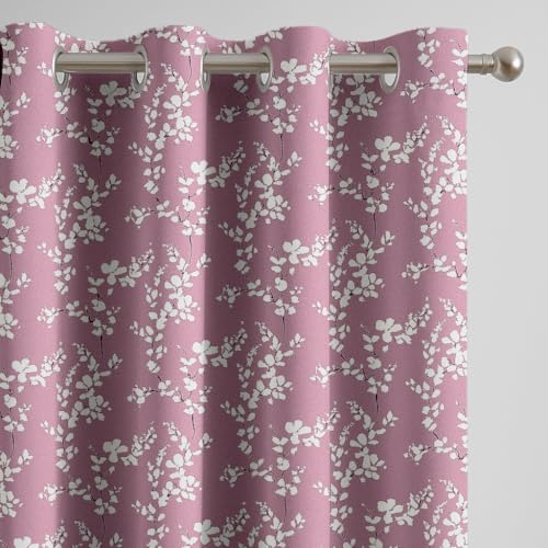 Image of BFAM Floral Print 100% Blackout Curtain with Black Linning at Back, Floral Print Curtains for Living Room /Bedroom Thermal Insulated Energy Saving, Pink Flower, 10FT, Pack of 1 Curtain