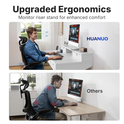 Image of HUANUO 48 x 24 Inch Electric Standing Desk with 4 Drawers, White | 4 Drawers For Organized Storage, Raised Monitor Shelf, C-Clamp Mount Support, 4 Memory Presets, 28.3-46.5 Inch Height Range