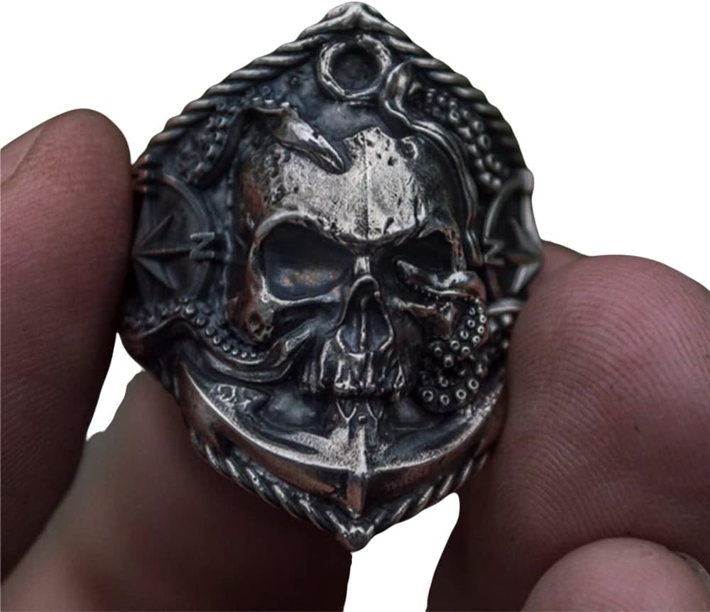 Gothic Men Pirate Skull Ring Unique Pirate Octopus Anchor Adsorption Compass Ring Male Stainless Steel Punk Skull Biker Ring : Clothing, Shoes & Jewelry