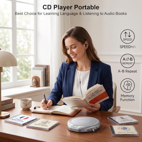 Image of Gueray Portable CD Player with Earphones CD Player for Car | CD Dsicman with Anti-Skip Shockproof with LCD Display Support PROG Memory Repeat Function