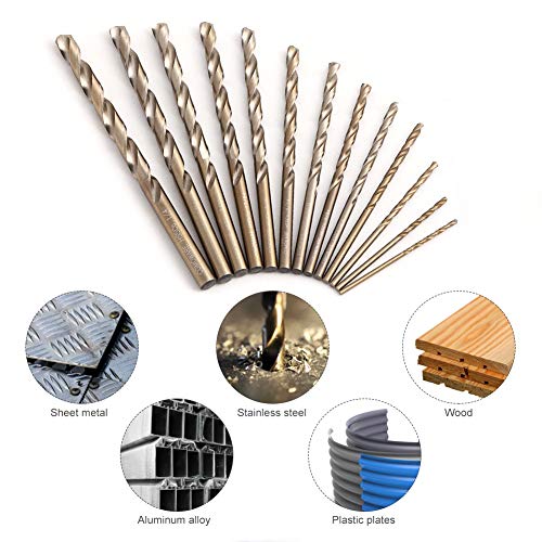 COMOWARE Cobalt Drill Bit Set- 13Pcs M35 High Speed Steel Twist Jobber Length for Hardened Metal, Stainless Steel, Cast Iron and Wood Plastic with Metal Indexed Storage Case, 1/16