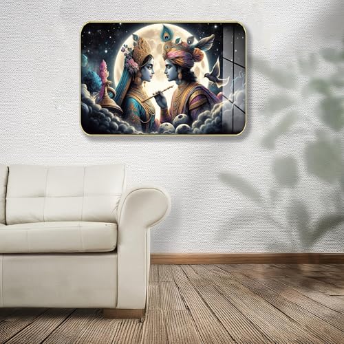 Image of Masstone Radha Krishna Crystal Embedded High Gloss Wall Painting, Golden Slim Frame, 45x30 Cm Wall Art for Living Room, Bedroom, Office & Home Decor (CRG30)