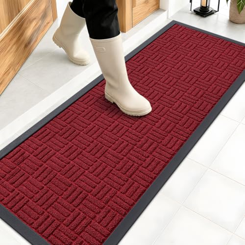 Image of OLANLY Front Door Mat Outside Entrance 47x17, Absorbent, Heavy Duty Sturdy Natural Rubber Doormat Indoor Outdoor, Non-Slip, Stain and Fade Resistant, Low Profile Floor Mat for Entryway, Black Red