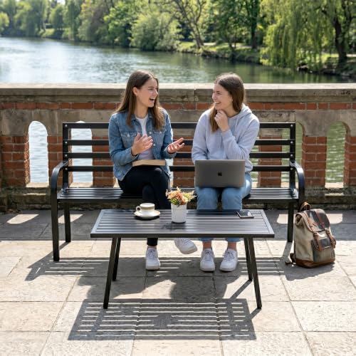 Image of BRISHI 3 Seater Metal Garden Bench with Center Table for Indoor & Outdoor Park /Patio /Living Room /Terrace /Balcony (Black)