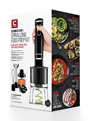 Chefman Electric Spiralizer & Immersion Blender/Vegetable Slicer 6-In-1 Food Prep Combo Kit, Includes 3 Spiralizing Blade Attachments, Zoodle Maker; Grate, Ribbon, Spiral, Blend, Chop, And Puree #TOP6