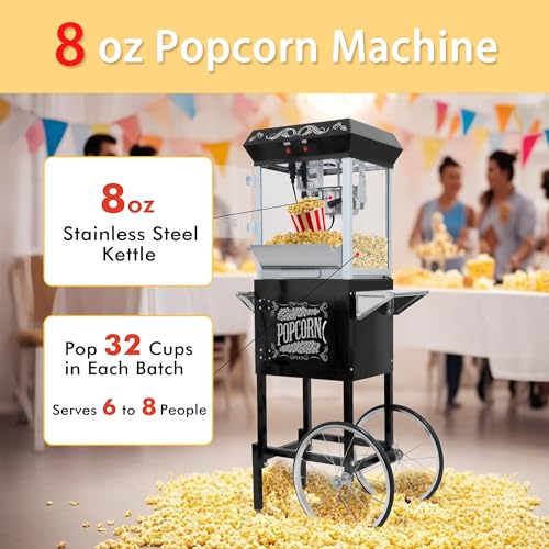 Image of Commercial Popcorn Machine with Cart in Sleek Black - 8oz Kettle Pops 32 Cups /Batch, with Warming Lamp, Glass Door & Wheels for Theater, Parties