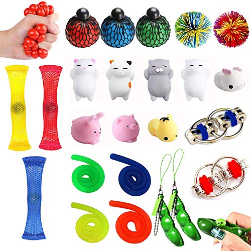 MonQi 24 Pieza Juguetes antiestrés para niños, Adulto, Autismo, TDAH, OCD - Fidget Toy Antiestres Incluir Mochi Squishy, Pelota Antiestrés, Juguetes de Estiramiento, Exprimir Frijol y etc