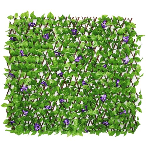 Expandable Artificial Ivy Leaf Fence with Purple Blooms Retractable Faux Greenery Privacy Hedge Screen Adjustable Fake Plant Panel for Balcony Patio Garden Wall Outdoor Decor (Green)