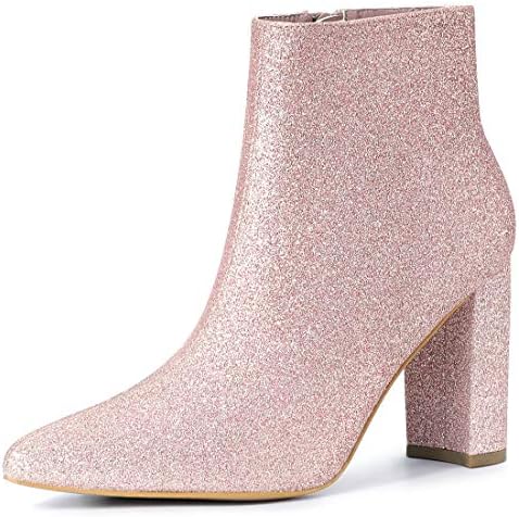 Allegra K Women's Glitter Pointed Toe Chunky Heel Pink Ankle Boots 8 M US