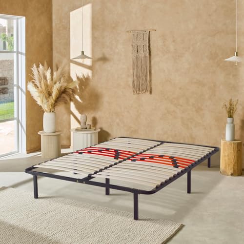 Sommier Céleste 140x190 cm, Cadre à Lattes 2 places, 16 Curseurs de Fermeté Ajustables, Structure Métallique avec 36 Lattes en Bois, Avec Pieds, Confort Ergonomique,...