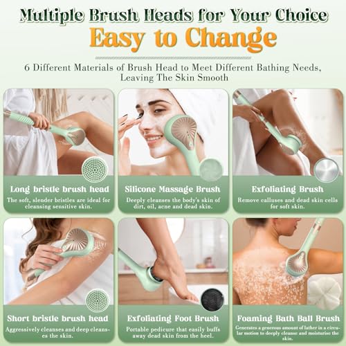 Electric-Body-Brush-Rechargeable-Exfoliating-Shower-Brush-Electric-Back-Scrubber-with-Long-Handle-6-Brush-Heads-3-Speeds-USB-Charging-Waterproof-Electric-Bath-Brush-for-Deep-Cleansing