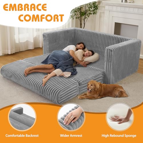 Image of HABUTWAY 49.8 inch Loveseat Boneless Couch, 4-in-1 Convertible Sofa Bed, Plush Fur Folding Futon Sofa Bed Couches for Living Room, High-Density Foam Support, No Assembly Required, Light Grey