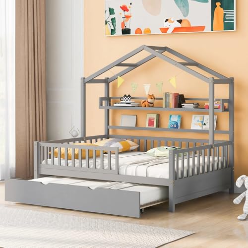 Wooden Full Size House Bed with Twin Size Trundle, Modern Kids Bed Frame with Storage Shelf, Playhouse Design DayBed, No Box Spring Needed, Squeak Resistant, Space Saving (Gray)