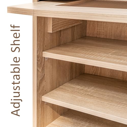Image of Rocco Rosso Shoe Cabinet with Seat for 12 Pairs | Lift-Up Acrylic Fluted Shutter | Engineered Wood Shoe Rack Bench with Adjustable Shelves | Scratch-Resistant | Hallway Bedroom Entryway (Oak)