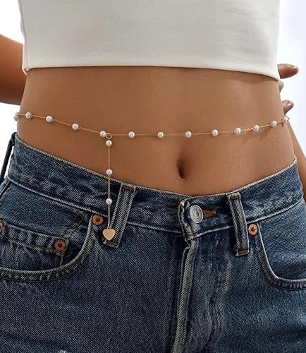 Women's Gold Waist ChainWaist - Stylish Saree Gold Plated Belly Chain Pearl heart Body Hip Chain for the Waist Ladies Sexy Bikini Jewelry (26-42 In)