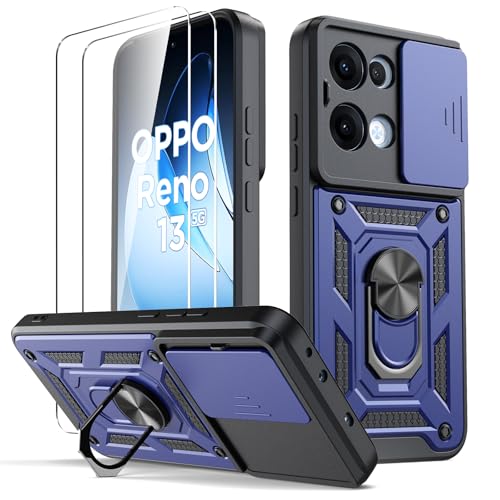 Oududianzi - Funda para OPPO Reno 13 5G[2 Protector Vidrio Templado], con Cubierta Deslizante de la Cámara, Soporte Giratorio de 360 ° y Funda Protectora TPU de Silicona - Azul