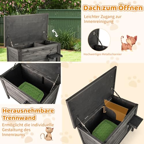 COSTWAY Katzenhaus Outdoor Winterfest, Katzenhütte für Winter, Holz, Katzenhöhle mit Schaumisolierung & Dach & PVC-Tür & Trennwand, für Außenbereich Innenbereich, 88 x 55 x 69 cm, Schwarz