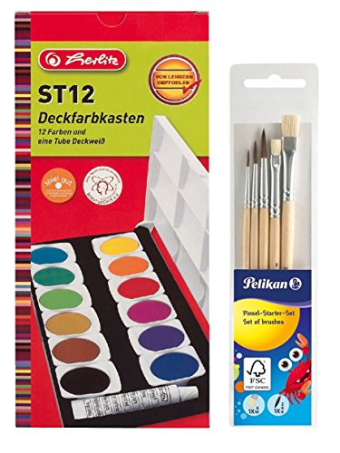 Herlitz 10116655 Schulmalfarben BZW. Deckfarbkasten, 12 Farben inklusive Deckweiß (mit Pinsel Starterset, Deckfarbkasten)