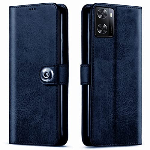 Image of Genuine Matte Leather Finish Flip Cover Compatible Model for Oppo CPH2387 / Oppo A57 | Inside Back TPU & Inbuilt Stand | Wallet Stylish Button Magnetic Closure for Oppo A57 2022 - Navy Blue