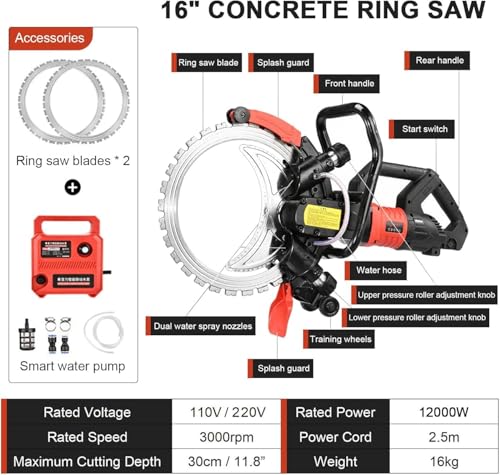 Image of 12000W Wall Chaser Concrete Cutter, 16 inch Electric Concrete Cutter Ring Saw, Cortadora de Concreto, Water Fed Dust Suppression, Wet Saw for Stone Cutting, Rebar, Marble
