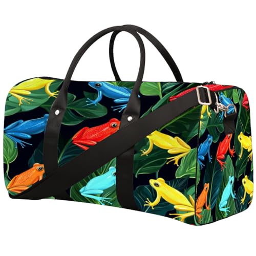 Colorful Frogs Travel Duffel Bag, Frog Leaves Sports Tote Gym Bag, Foldable Weekender Overnight Bag, Luggage Handle Bag for Women Men
