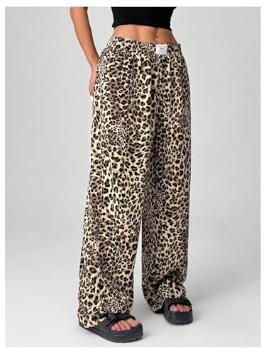 Women's Letter Leopard Print Straight Leg Pants Elastic Waist Y2K Trousers Bottoms with Pockets3