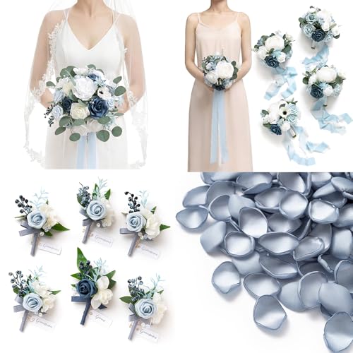 Image of Ling's moment Wedding Artificial Flowers Package, Bridal Bouquet, Bridesmaid Bouquets, Boutonniere for Men, Rose Petals.Blue